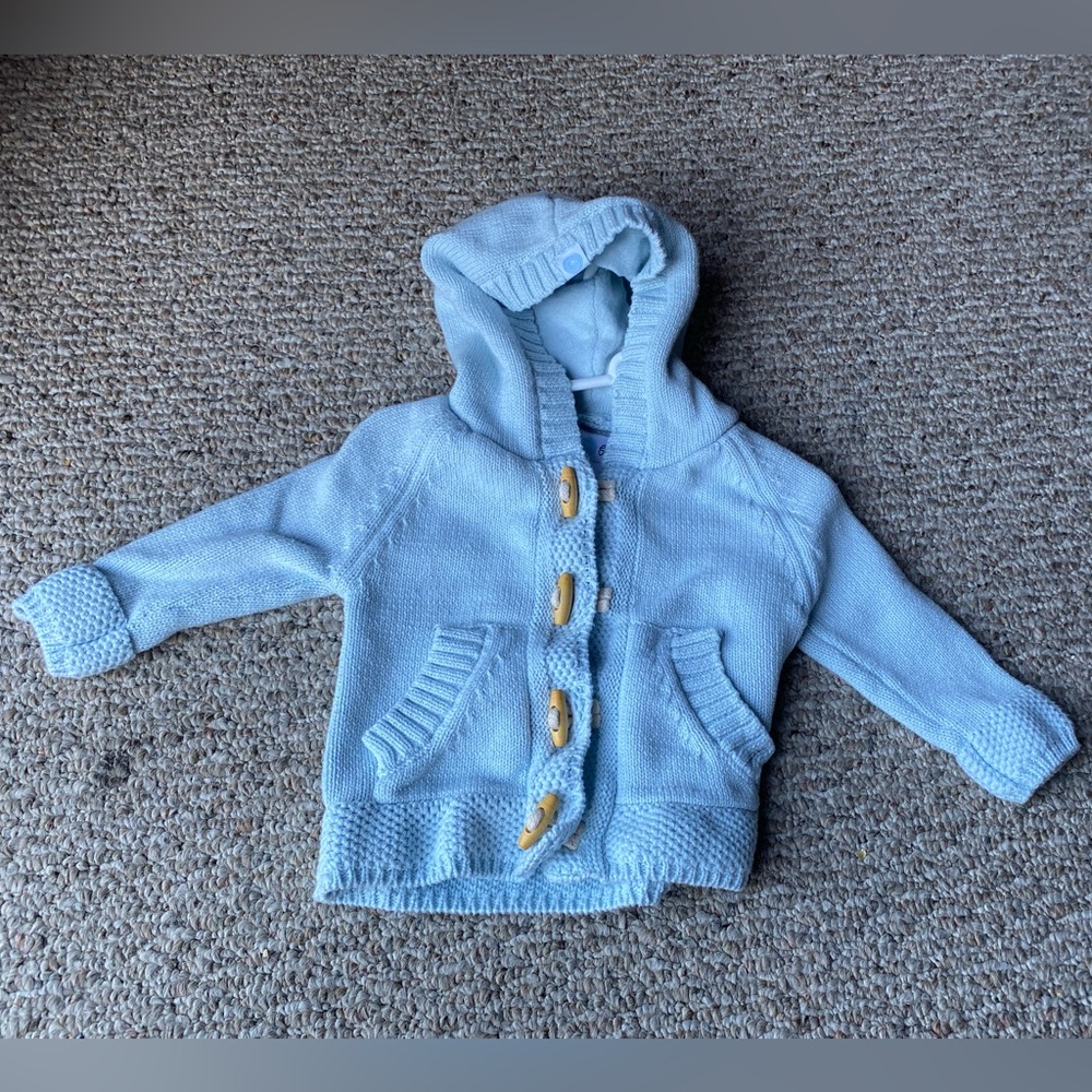 Light Blue Knit Hooded Cardigan with Wooden Buttons